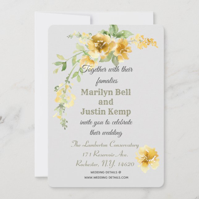 Belle Florales Jaunes Gris Faire-part de mariage (Devant)