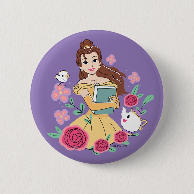 Belle & Friends Bookish Blooms 2 Inch Round Button (Front)