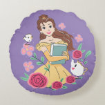 Belle & Friends Bookish Blooms Round Pillow<br><div class="desc">Bring magic and joy to your day with this bright and whimsical Belle graphic featuring Chip, Mrs. Potts, and a garden full of cheerful blossoms! Dressed in her iconic golden gown and holding a beloved book, Belle is ready to charm bookworms and Disney fans alike. Perfect for customizing on everything...</div>