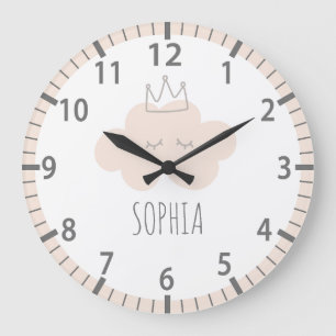 Belle horloge murale de la crèche à nuages roses