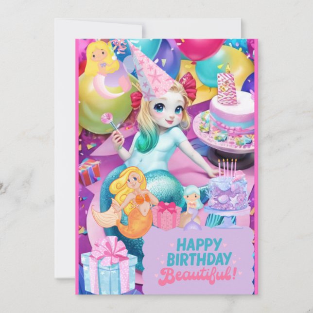 Belle invitation à la sirène d'anniversaire (Devant)