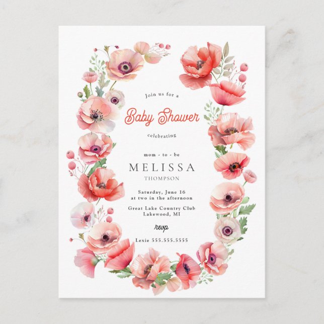 Belle invitation Baby shower rose et rouge de pavo (Devant)