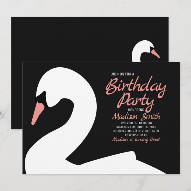 Belle invitation d'anniversaire du cygne blanc (Devant / Derrière)