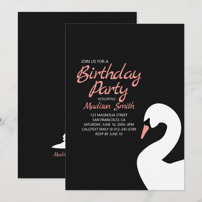 Belle invitation d'anniversaire du cygne blanc (Devant / Derrière)