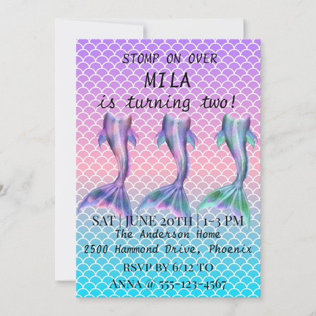Belle invitation de sirène pour l'anniversaire (Devant)