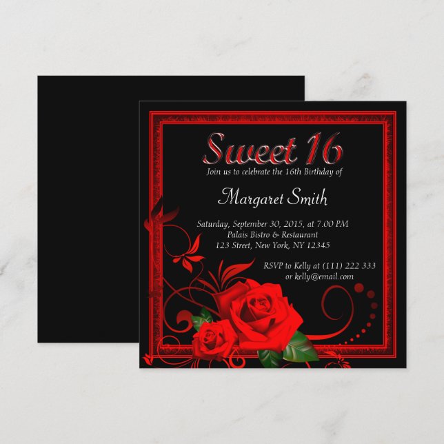 Belle invitation du bonbon 16 à rose rouge (Devant / Derrière)
