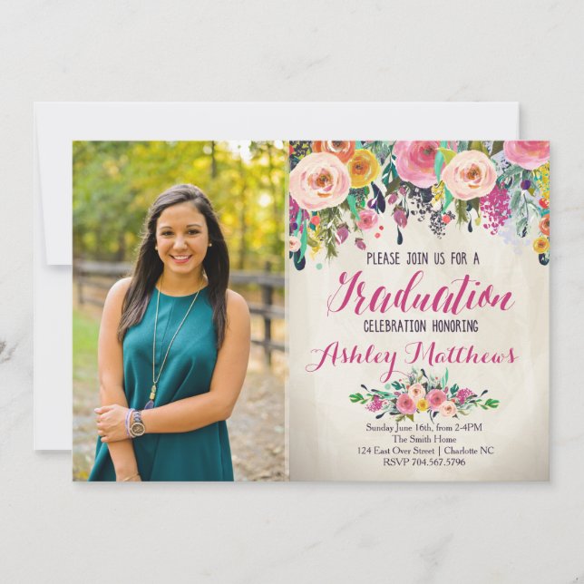 Belle Invitation Florale Graduation, (Devant)