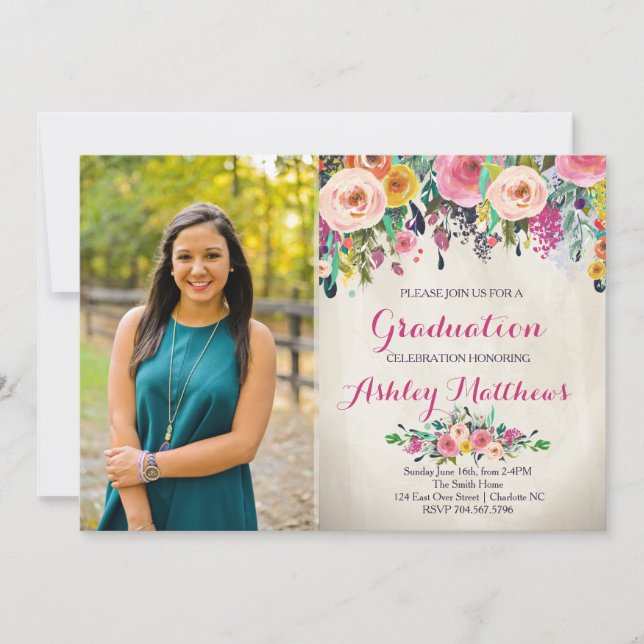 Belle Invitation Florale Graduation, (Devant)