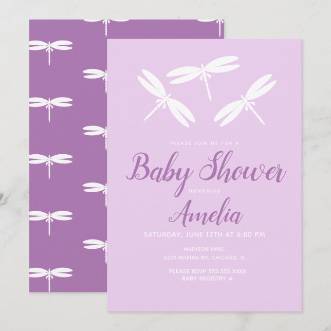 Belle libellule Violet Baby shower Invitation (Devant / Derrière)