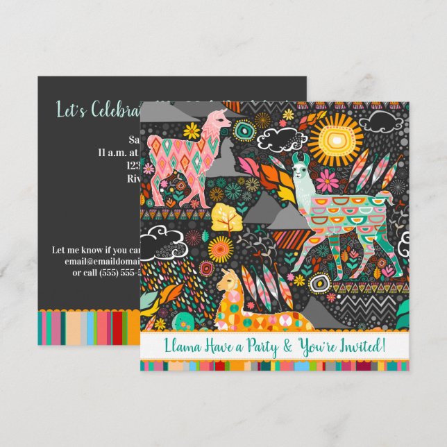 Belle Llamas Colorful Festive Festive Invitation (Devant / Derrière)
