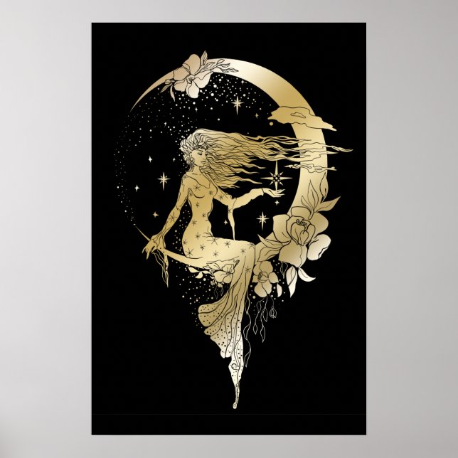 Belle lune étoiles femme art déco illustration (Devant)