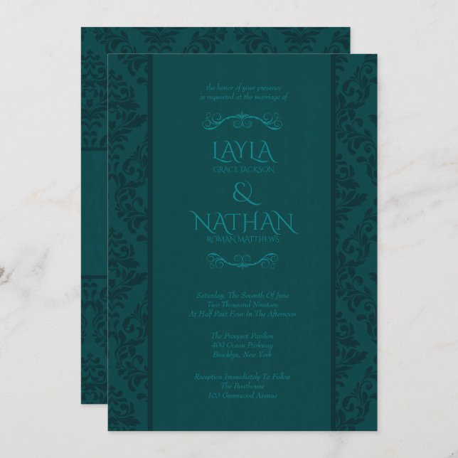 Belle Mariage damassé Turquoise Invitations (Devant / Derrière)