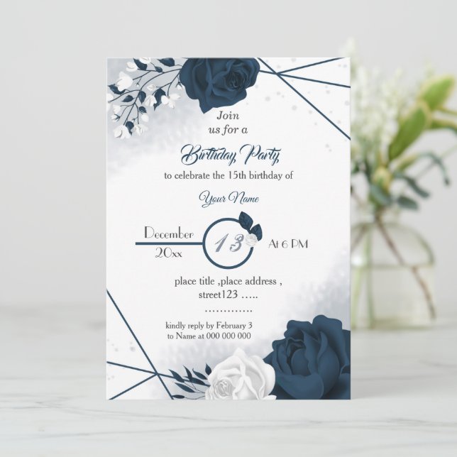 belle marine et fleurs blanches invitation anniver (Debout devant)