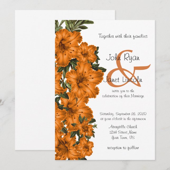 Belle Orange Lily Fleur mariage Invitations (Devant / Derrière)
