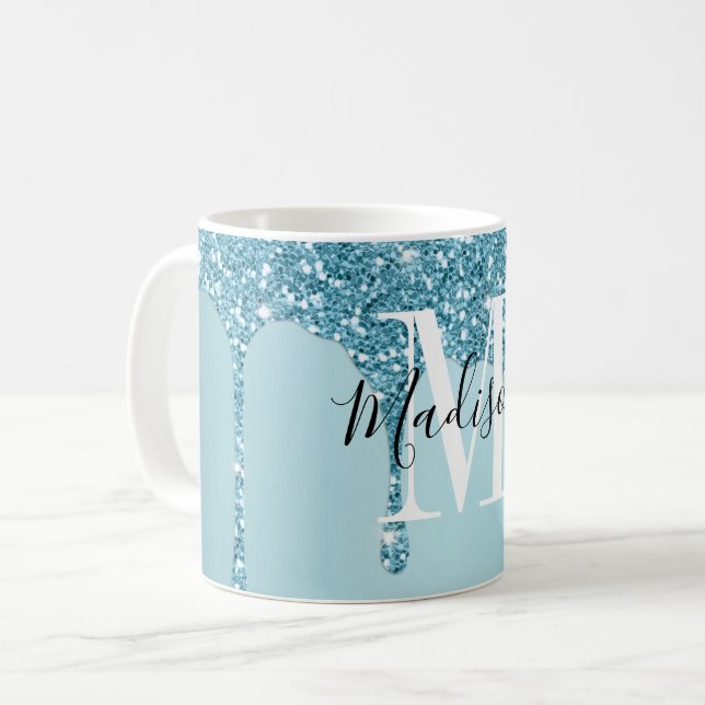 Belle parties scintillant bleue monogramme tasse d (Devant gauche)