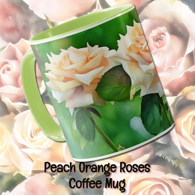 Belle Peach Orange Rose Art Mug Cup (Peacy orange roses in a garden and in a watercolor art style.)