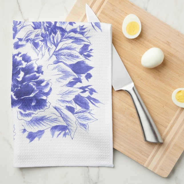 Belle serviette de cuisine bleue de pivoine (Quart Plié)