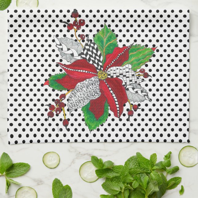 Belle serviette de cuisine Poinsettia Noël (Plié)