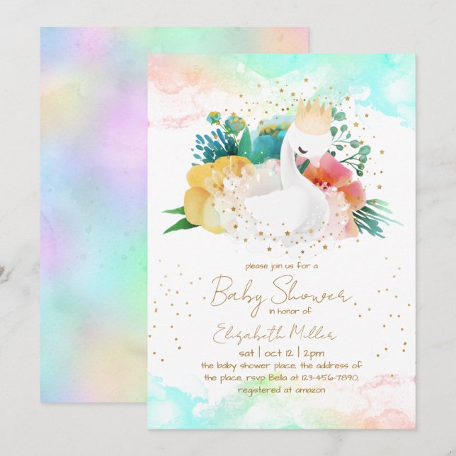 Belle Swan Baby Girl Douche Invitation (Devant / Derrière)