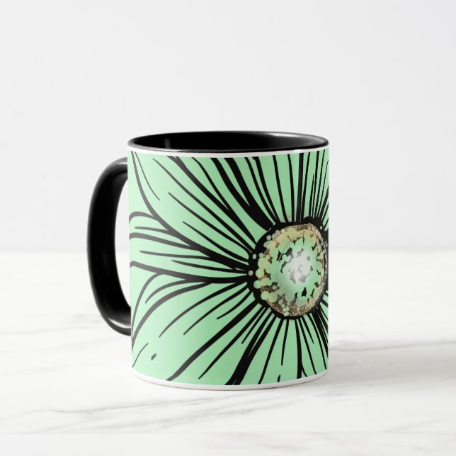 Belle tasse à café vert menthe et fleur noire (Devant gauche)