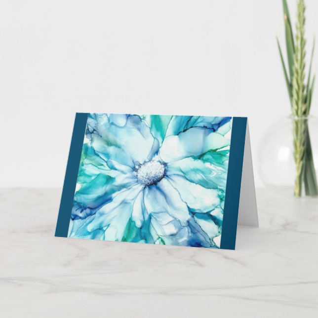 Belle, unique carte florale bleue et verte. (Devant)