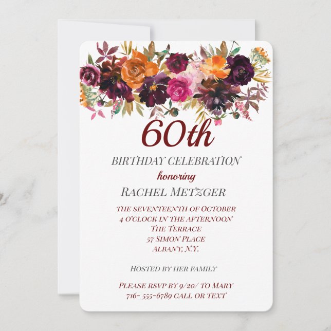 Belles couleurs automne Floral Invitation annivers (Devant)