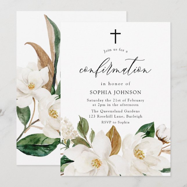 Belles fleurs blanches Confirmation Invitation (Devant / Derrière)