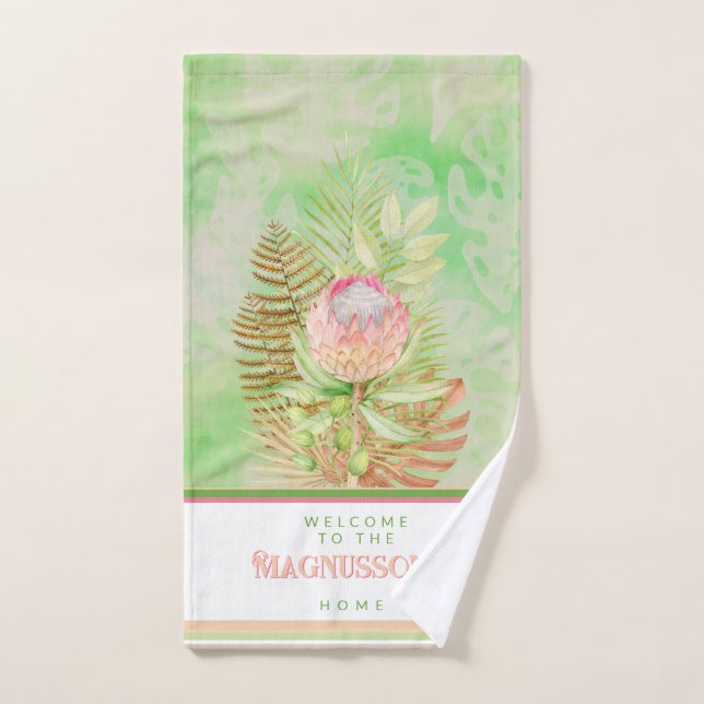 Belles fleurs tropicales sur batik vert coutume (Serviette à main)