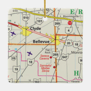 Bellevue Ohio Road Map Ceramic Ornament