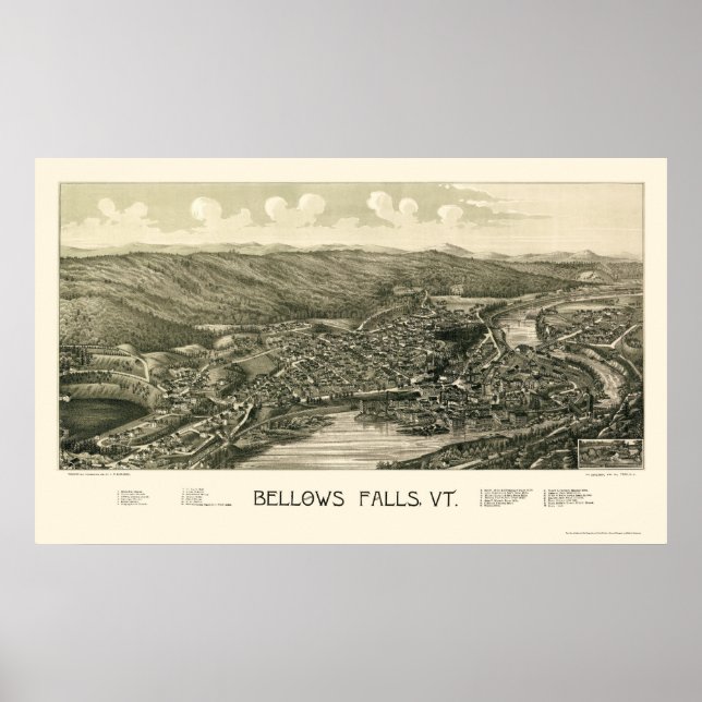 Bellows Falls, VT Panoramic Map - 1880 Poster (Front)