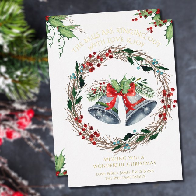 Bells are Ringing Out Holly Wreath Gold Foil Holiday Card (Creator Uploaded)