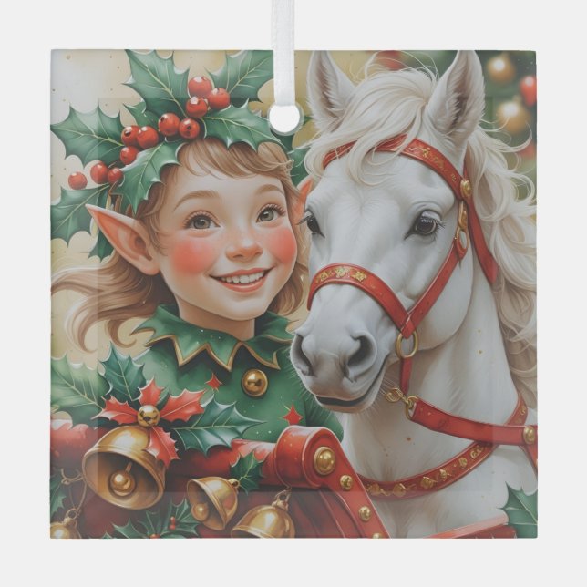 Bells Holly and Horse Christmas Elf Glass Ornament (Front)