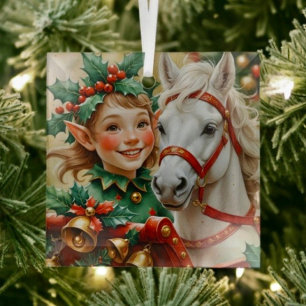 Bells Holly and Horse Christmas Elf Glass Ornament