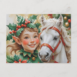 Bells Holly and Horse Christmas Elf Holiday Postcard