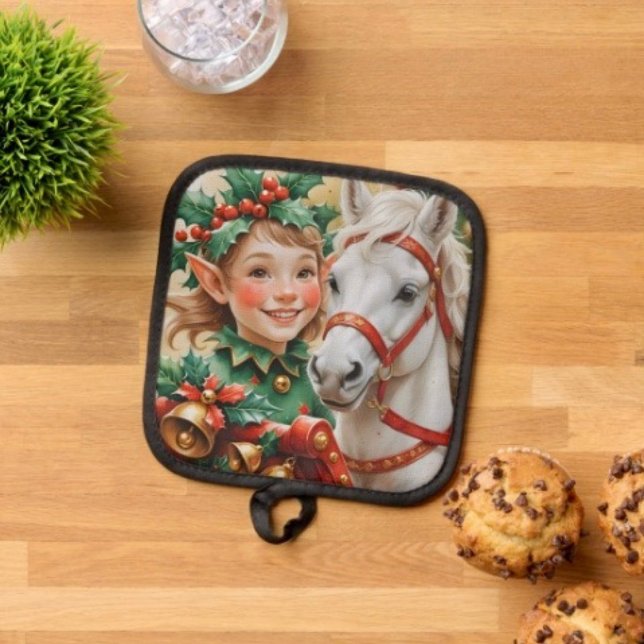 Bells Holly and Horse Christmas Elf Pot Holder (Pot Holder Full rubber protection cover no slip silicon hanging loop. 
)