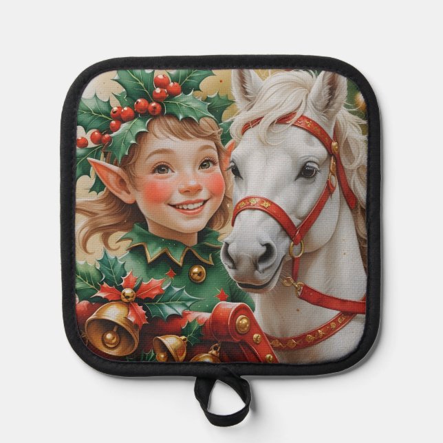 Bells Holly and Horse Christmas Elf Pot Holder (Front)