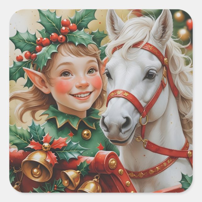 Bells Holly and Horse Christmas Elf Square Sticker (Front)