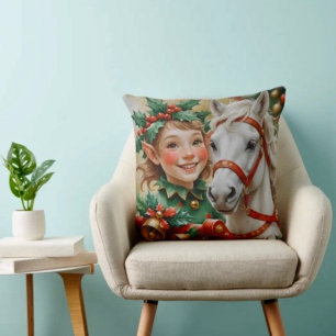 Bells Holly and Horse Christmas Elf Throw Pillow