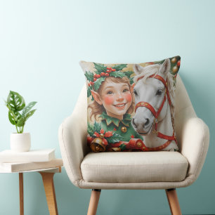 Bells Holly and Horse Christmas Elf Throw Pillow