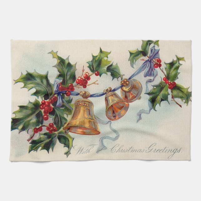Bells Ribbon Holly Winterberry Kitchen Towel (Horizontal)