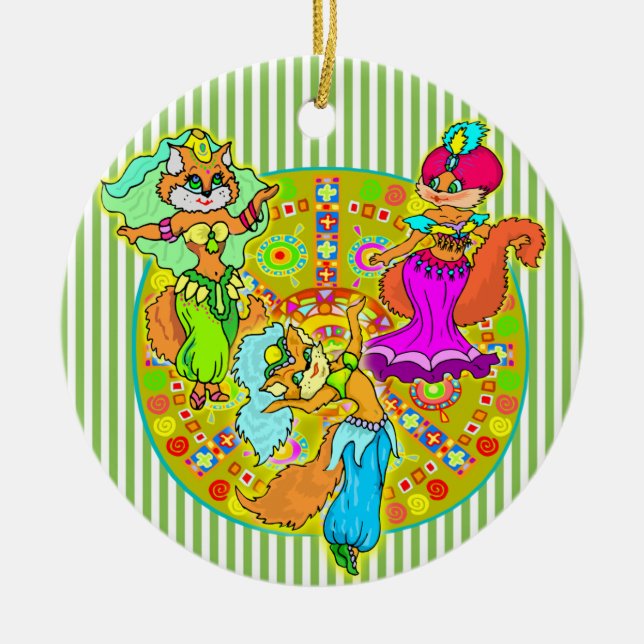 Belly Dancing Cats Ceramic Ornament (Front)
