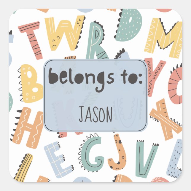 Belongs To | Custom Name Kids Dinosaur Square Sticker (Front)
