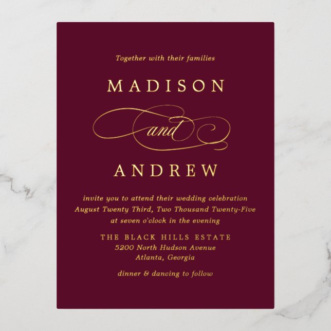 Beloved Burgundy and Gold Wedding Foil Invitation Postcard (Front)