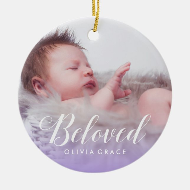 Beloved Purple | Baby Photo Name & Birth Stats Ceramic Ornament (Front)