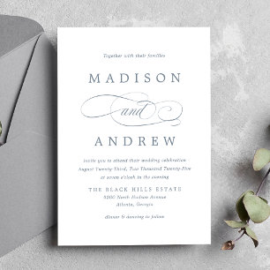 Beloved Slate Blue Calligraphy Wedding Invitation