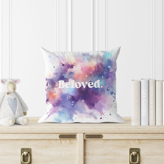 Beloved. Watercolor Colourful Splashes Throw Pillo Pillow (Beloved. Watercolor Colorful Splashes Throw Pillow)