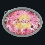 Belt Buckle Believe Whimsical Floral Pink Red<br><div class="desc">Text can be edited to your own word,  phrase,  name,  etc.
Abstract whimsical floral in pinks and reds.</div>