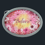 Belt Buckle Believe Whimsical Floral Pink Red<br><div class="desc">Text can be edited to your own word,  phrase,  name,  etc.
Abstract whimsical floral in pinks and reds.</div>