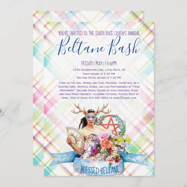 Beltane Bash Floral Spring Plaid May Day Invitation (Front/Back)