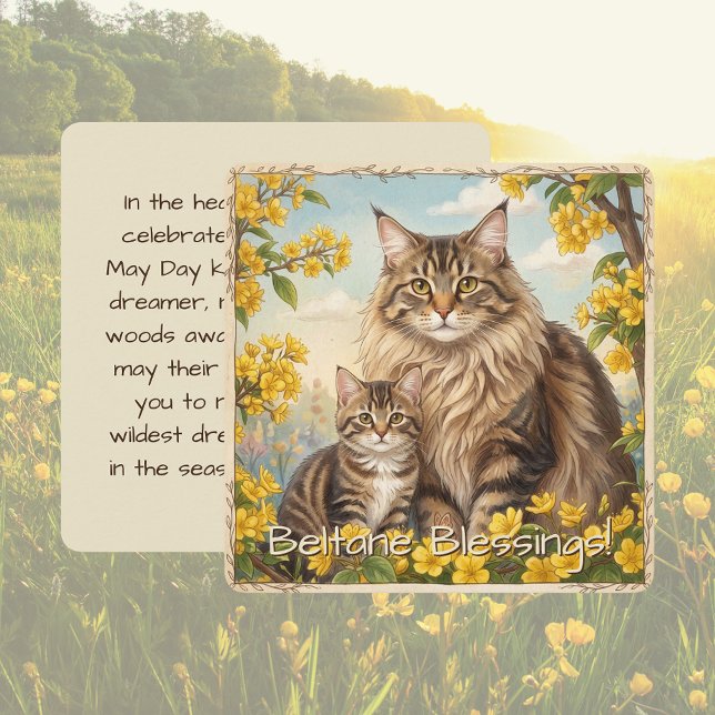 Beltane Blessings May Day Kitten Folklore Flat Holiday Card (Beltane Blessing Flat Square Greeting Card. Tabby Cat & Kitten May Day Folklore Spring Flowers)